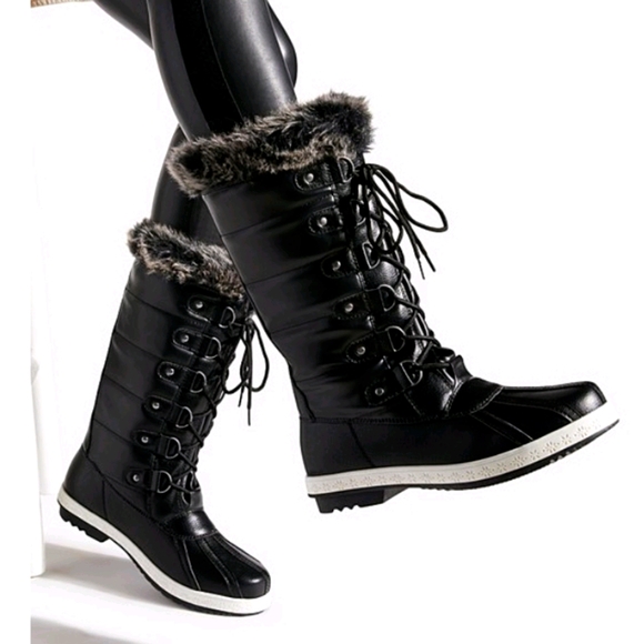 Black Faux Fur Cuff Lace Up Boots - Picture 1 of 8